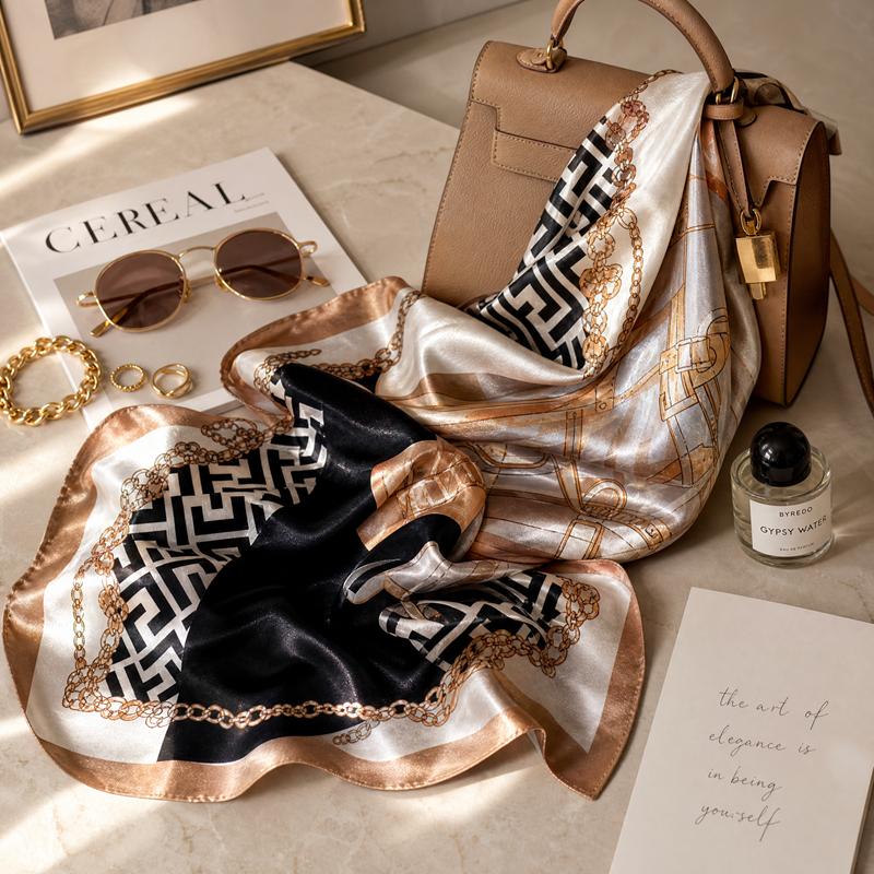 Accessoires de mode et foulard en soie dans un intérieur élégant, inspiration de la collection SAFINIS