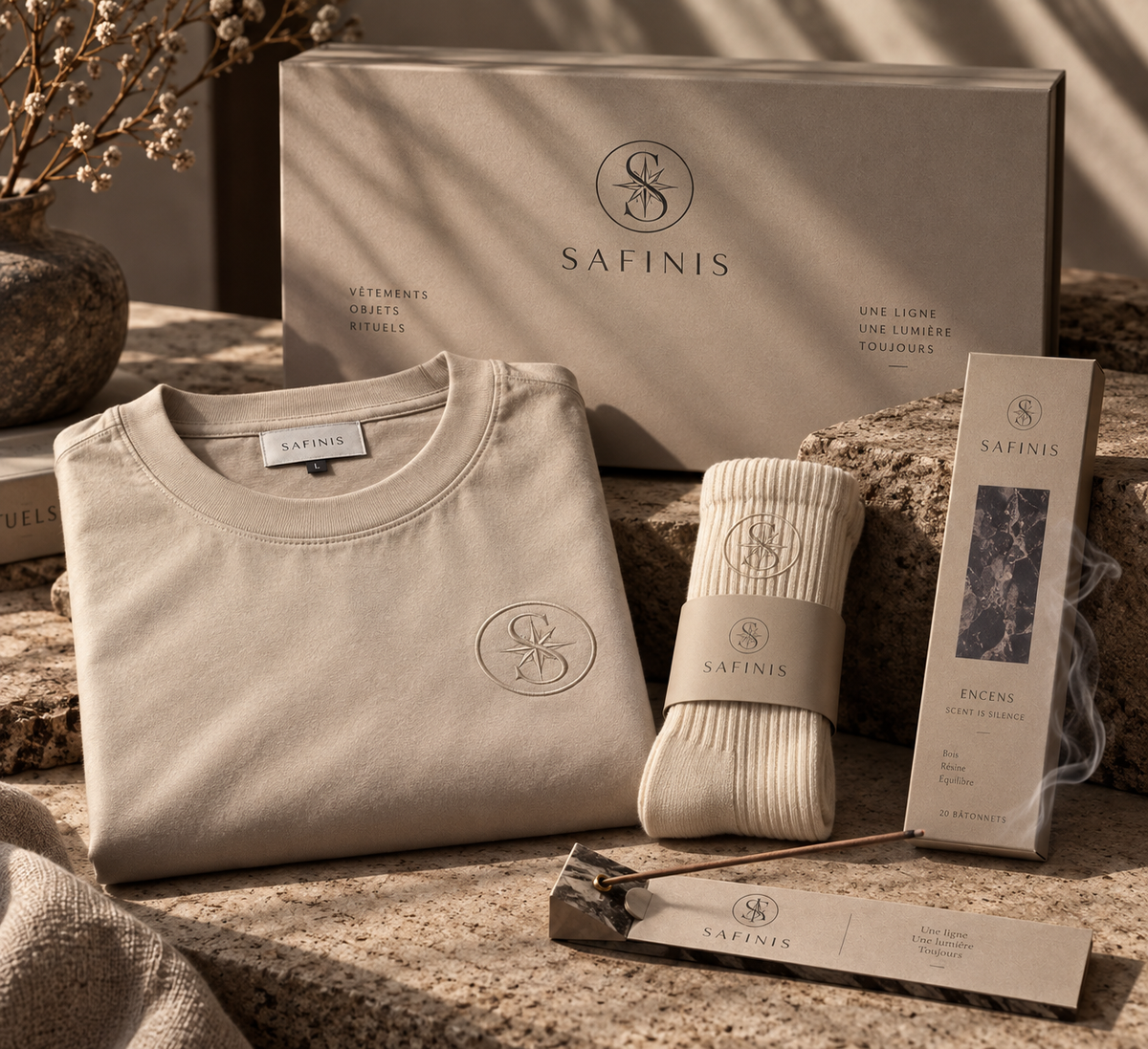 Coffret SAFINIS Là où naît la lumière, détail des objets et du packaging