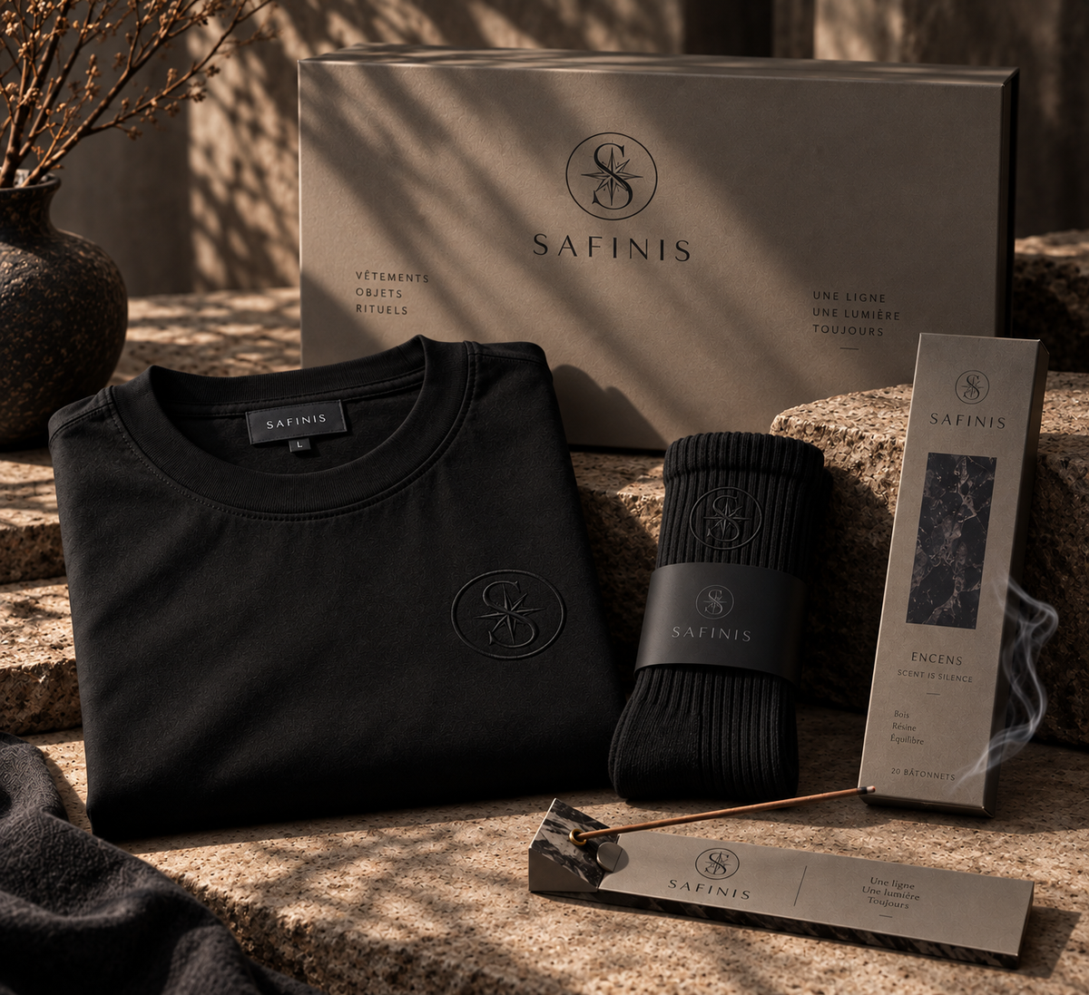Coffret SAFINIS Là où l’ombre demeure, détail des objets et du packaging