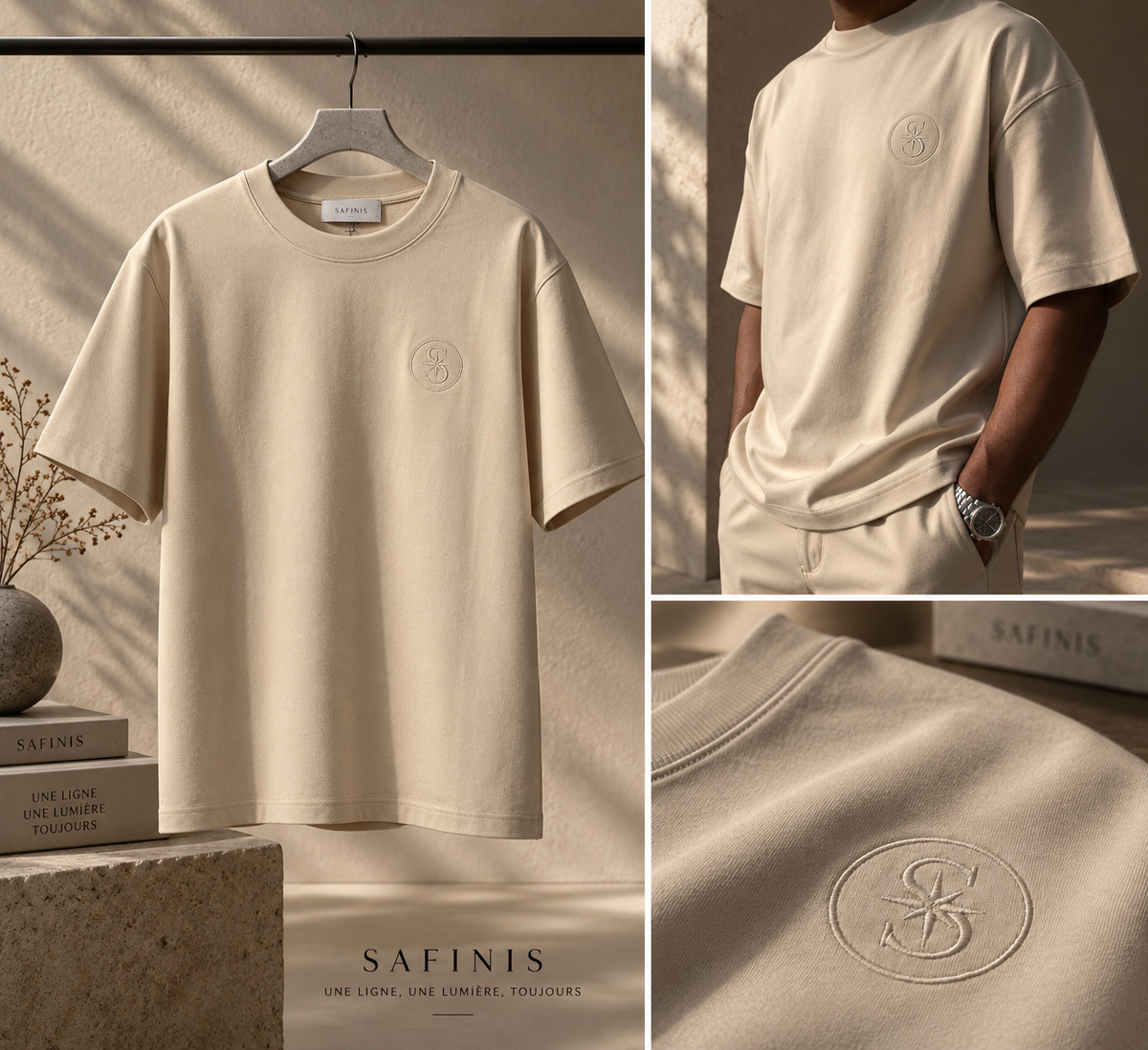 T-shirt Lueur d’Ivoire SAFINIS porté, détail du logo et de la matière ivoire